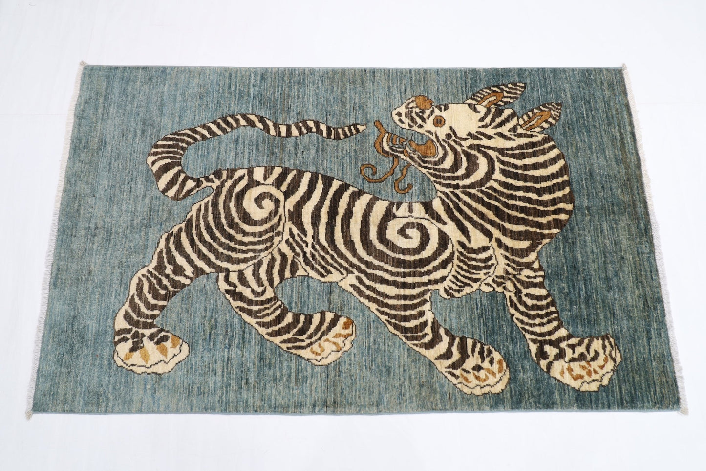 92 x 154 cm | Tiger Blue Oriental Area Rug Afghan Hand Knotted Veg Dye Wool carpet - ART WOOL CARPET