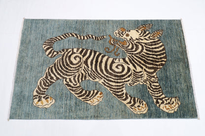 92 x 154 cm | Tiger Blue Oriental Area Rug Afghan Hand Knotted Veg Dye Wool carpet - ART WOOL CARPET