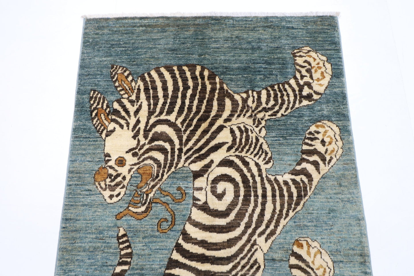 92 x 154 cm | Tiger Blue Oriental Area Rug Afghan Hand Knotted Veg Dye Wool carpet - ART WOOL CARPET