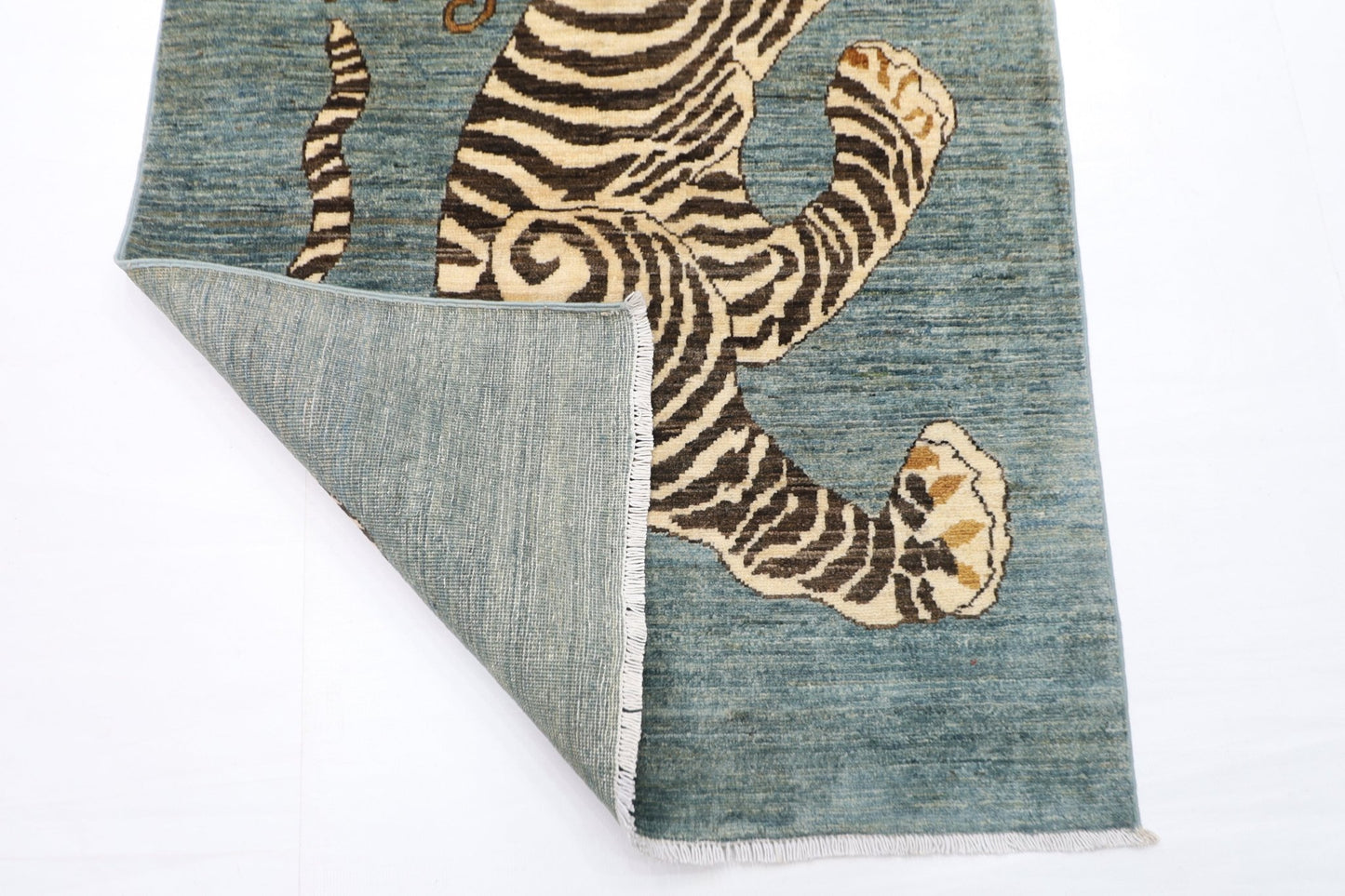 92 x 154 cm | Tiger Blue Oriental Area Rug Afghan Hand Knotted Veg Dye Wool carpet - ART WOOL CARPET