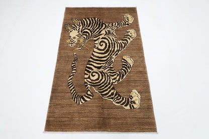 93 x 147 cm | Tiger Brown Oriental Area Rug Afghan Hand Knotted Veg Dye Wool carpet - ART WOOL CARPET