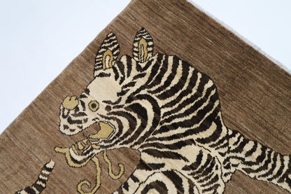 93 x 147 cm | Tiger Brown Oriental Area Rug Afghan Hand Knotted Veg Dye Wool carpet - ART WOOL CARPET