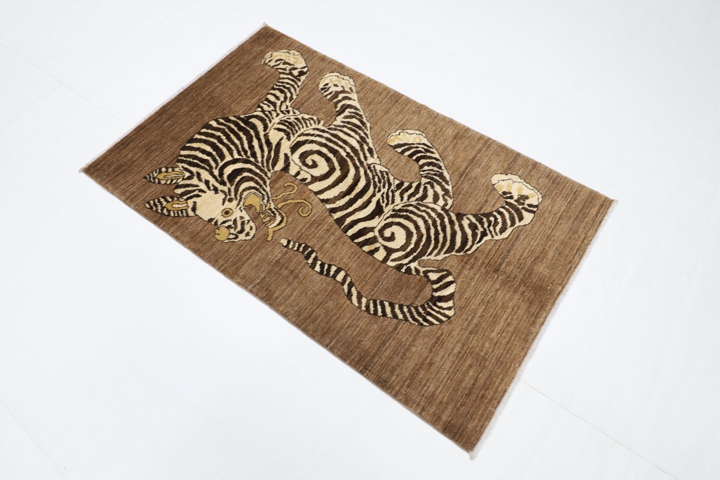 93 x 147 cm | Tiger Brown Oriental Area Rug Afghan Hand Knotted Veg Dye Wool carpet - ART WOOL CARPET