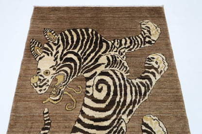 93 x 147 cm | Tiger Brown Oriental Area Rug Afghan Hand Knotted Veg Dye Wool carpet - ART WOOL CARPET