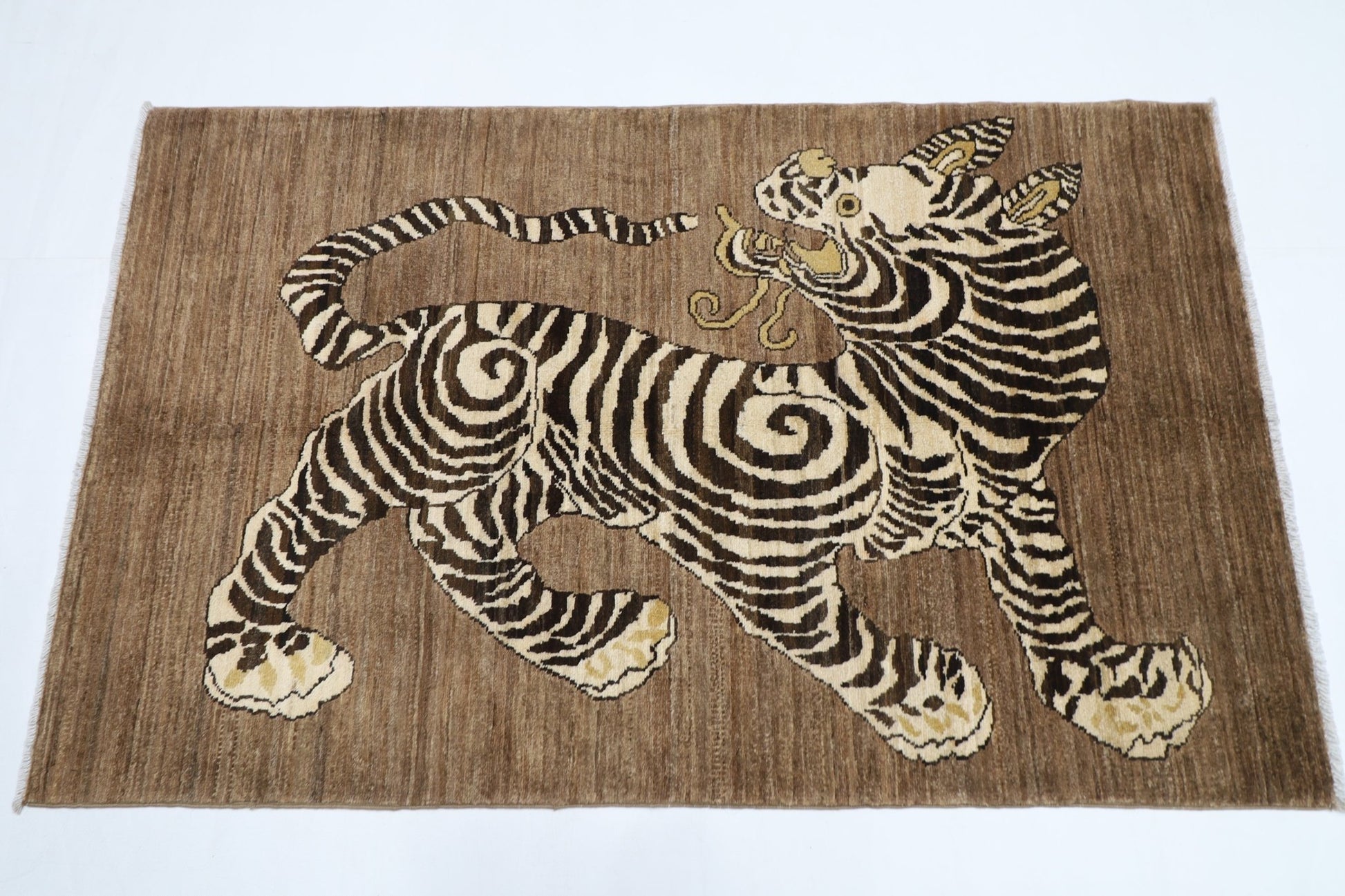 93 x 147 cm | Tiger Brown Oriental Area Rug Afghan Hand Knotted Veg Dye Wool carpet - ART WOOL CARPET