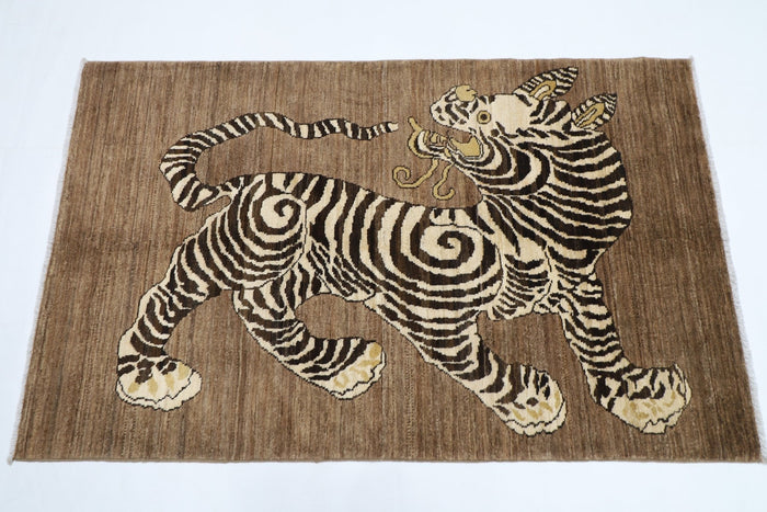 93 x 147 cm | Tiger Brown Oriental Area Rug Afghan Hand Knotted Veg Dye Wool carpet