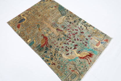 96 x 148 cm | Birds Gray Oriental Area Rug Afghan Hand Knotted Veg Dye Wool carpet - ART WOOL CARPET