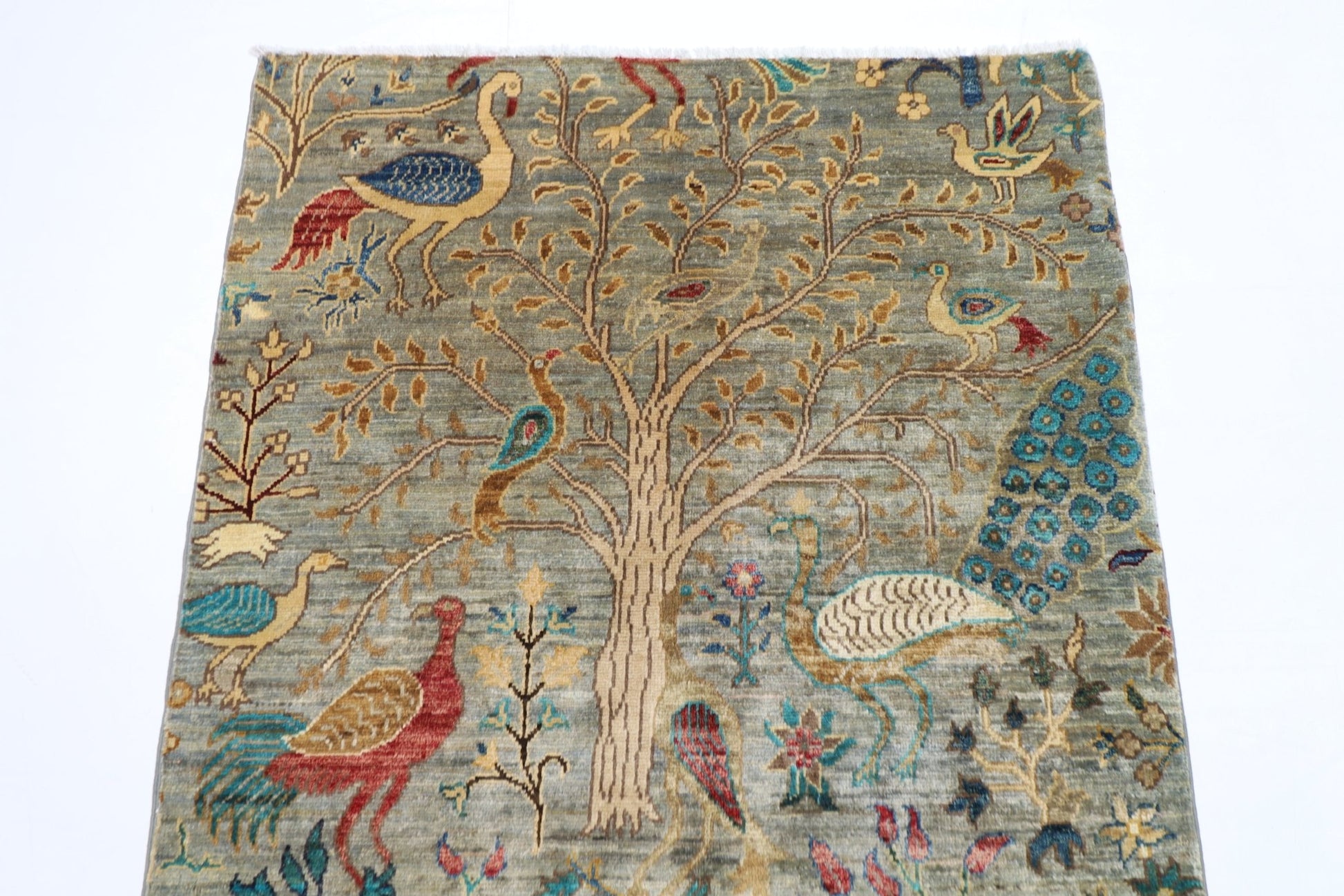 96 x 148 cm | Birds Gray Oriental Area Rug Afghan Hand Knotted Veg Dye Wool carpet - ART WOOL CARPET