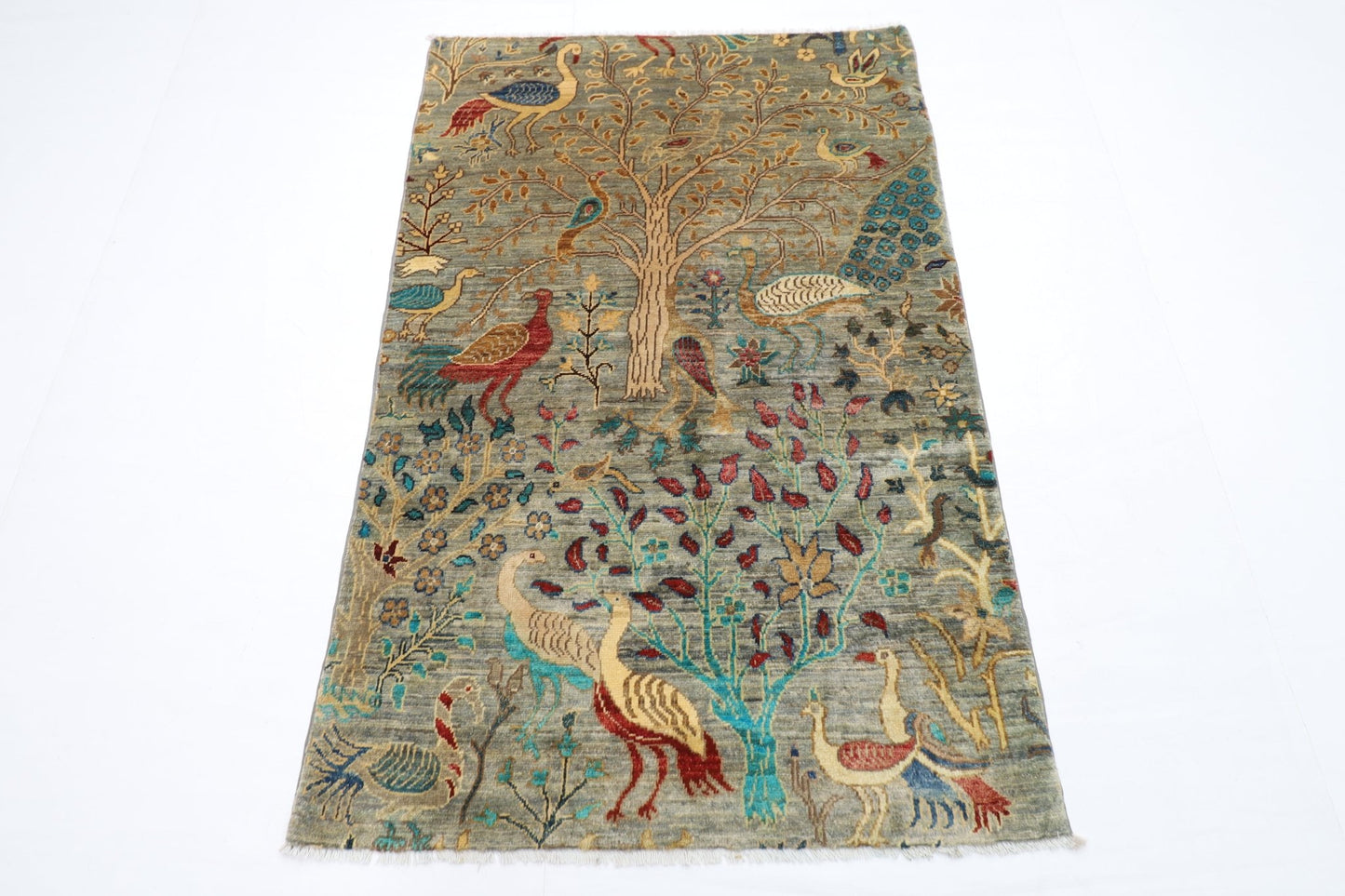 96 x 148 cm | Birds Gray Oriental Area Rug Afghan Hand Knotted Veg Dye Wool carpet - ART WOOL CARPET