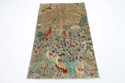 96 x 148 cm | Birds Gray Oriental Area Rug Afghan Hand Knotted Veg Dye Wool carpet - ART WOOL CARPET