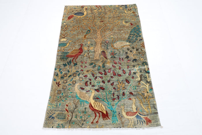 96 x 148 cm | Birds Gray Oriental Area Rug Afghan Hand Knotted Veg Dye Wool carpet