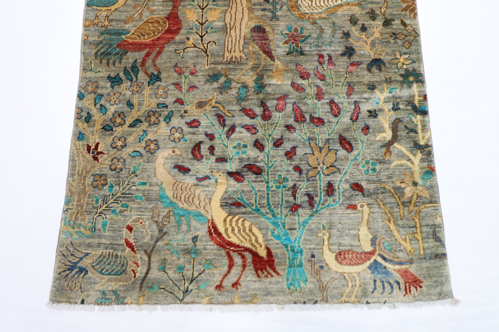 96 x 148 cm | Birds Gray Oriental Area Rug Afghan Hand Knotted Veg Dye Wool carpet - ART WOOL CARPET
