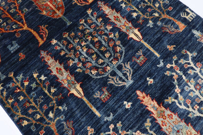 96 x 149 cm | Tree of life Blue Area Rug Afghan Hand Knotted veg Dye Wool carpet - ART WOOL CARPET