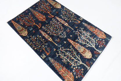 96 x 149 cm | Tree of life Blue Area Rug Afghan Hand Knotted veg Dye Wool carpet - ART WOOL CARPET