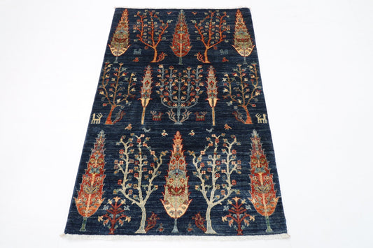 96 x 149 cm | Tree of life Blue Area Rug Afghan Hand Knotted veg Dye Wool carpet - ART WOOL CARPET