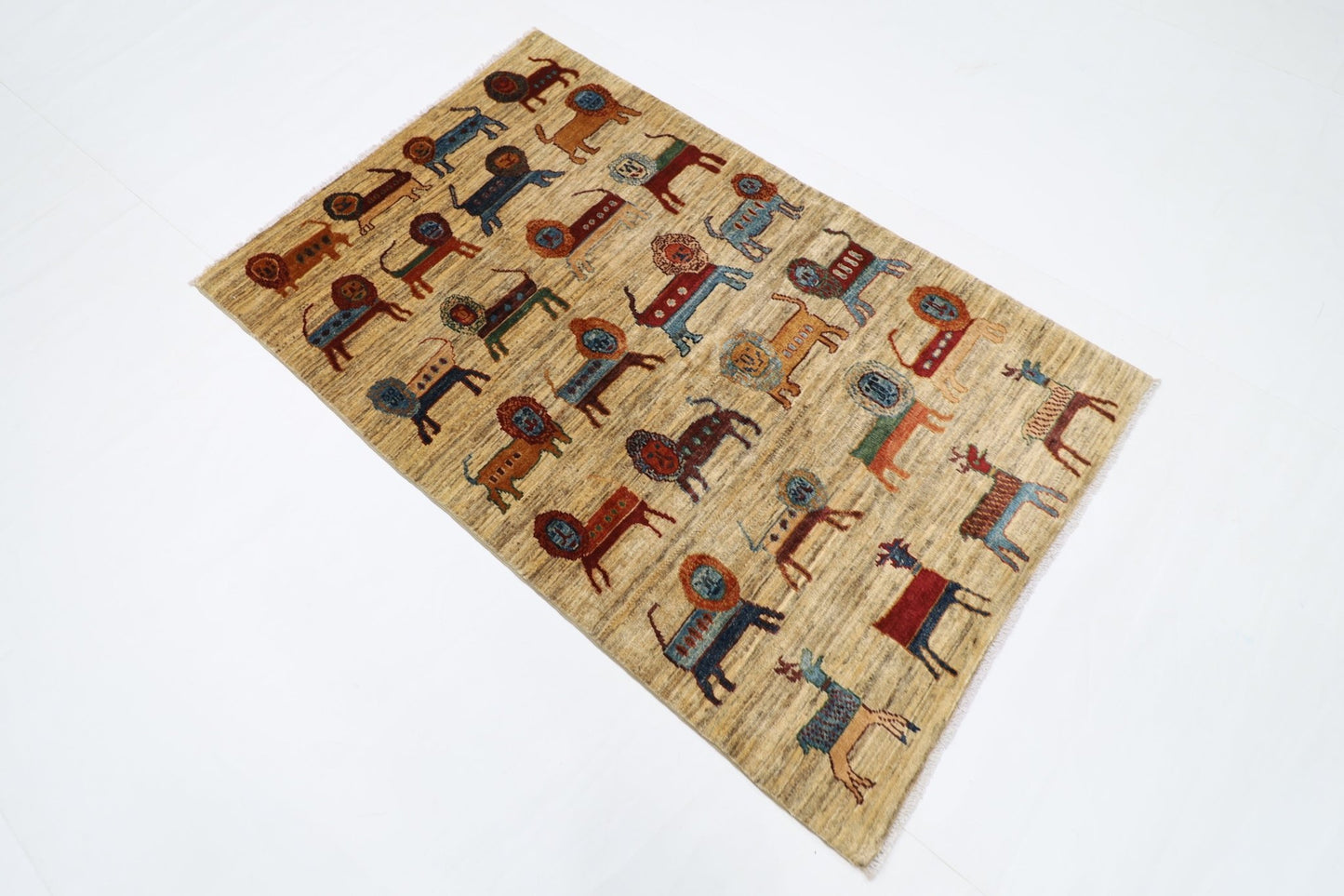 97 x 155 cm | Lion Beige Oriental Area Rug Afghan Hand Knotted Veg Dye Wool carpet - ART WOOL CARPET
