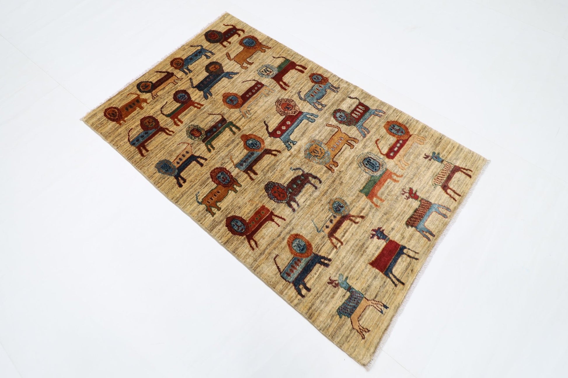 97 x 155 cm | Lion Beige Oriental Area Rug Afghan Hand Knotted Veg Dye Wool carpet - ART WOOL CARPET