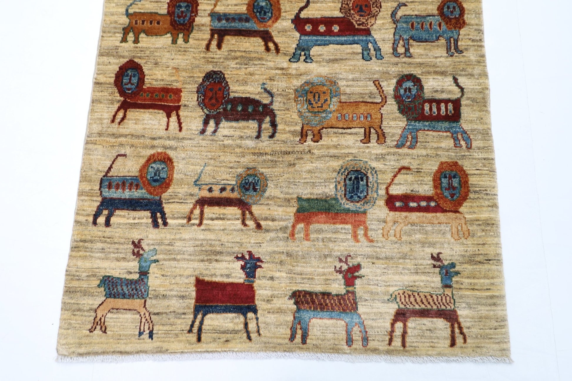 97 x 155 cm | Lion Beige Oriental Area Rug Afghan Hand Knotted Veg Dye Wool carpet - ART WOOL CARPET