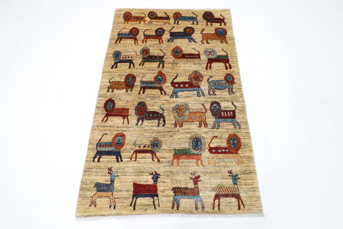 97 x 155 cm | Lion Beige Oriental Area Rug Afghan Hand Knotted Veg Dye Wool carpet