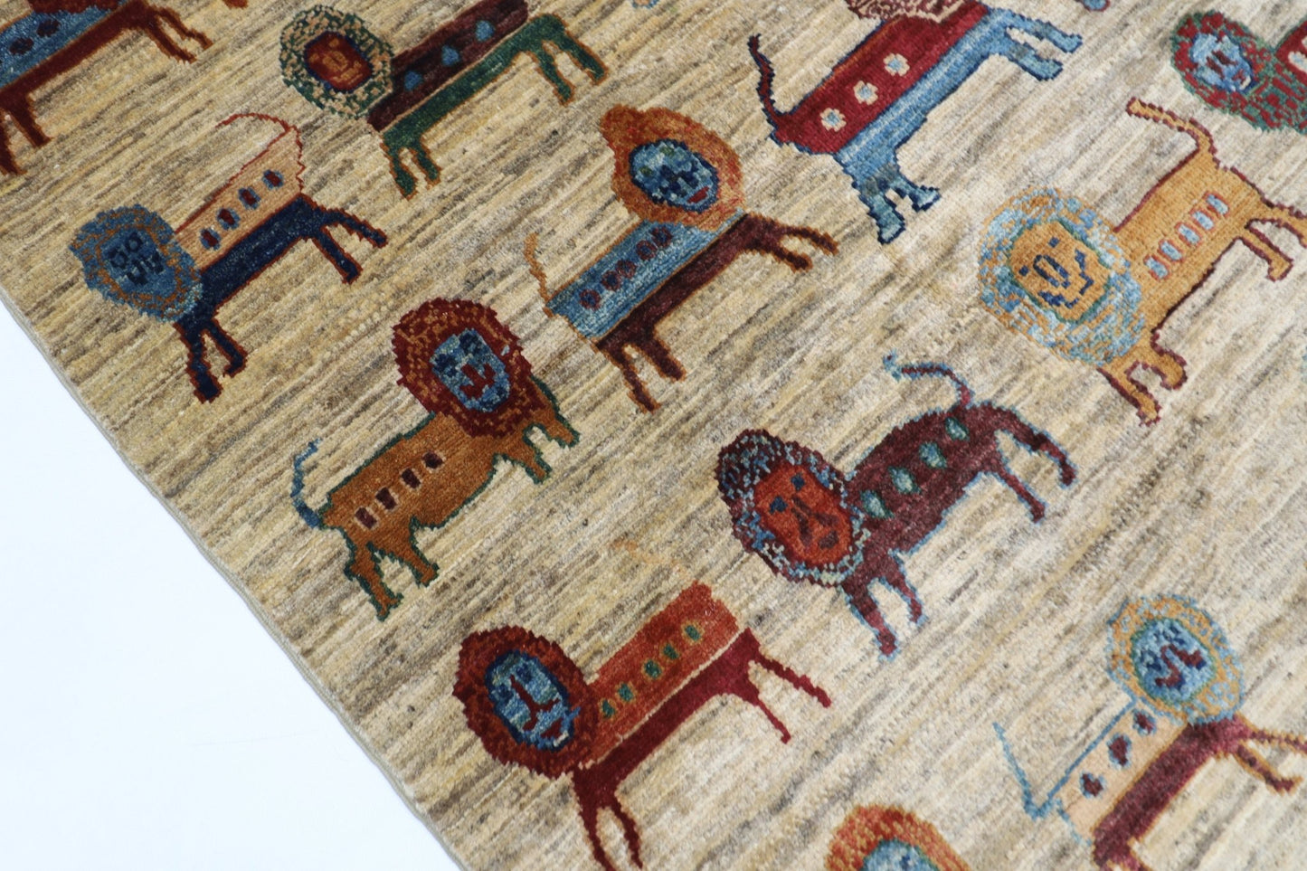 97 x 155 cm | Lion Beige Oriental Area Rug Afghan Hand Knotted Veg Dye Wool carpet - ART WOOL CARPET