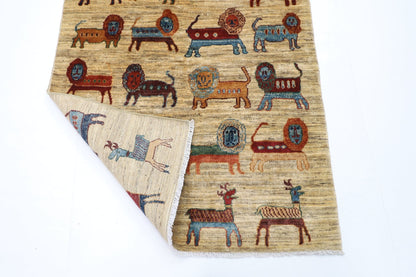 97 x 155 cm | Lion Beige Oriental Area Rug Afghan Hand Knotted Veg Dye Wool carpet - ART WOOL CARPET