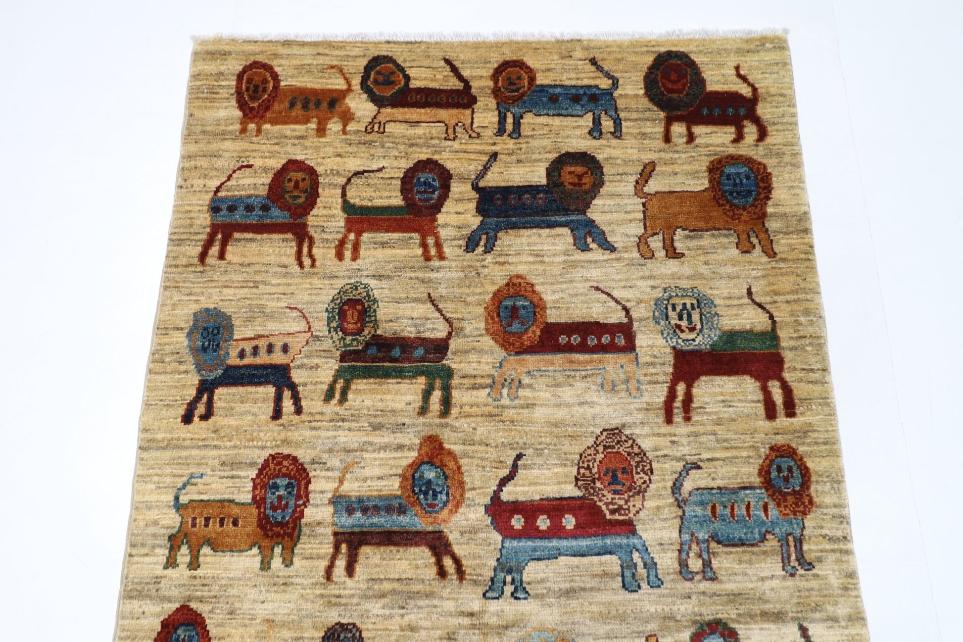 97 x 155 cm | Lion Beige Oriental Area Rug Afghan Hand Knotted Veg Dye Wool carpet - ART WOOL CARPET