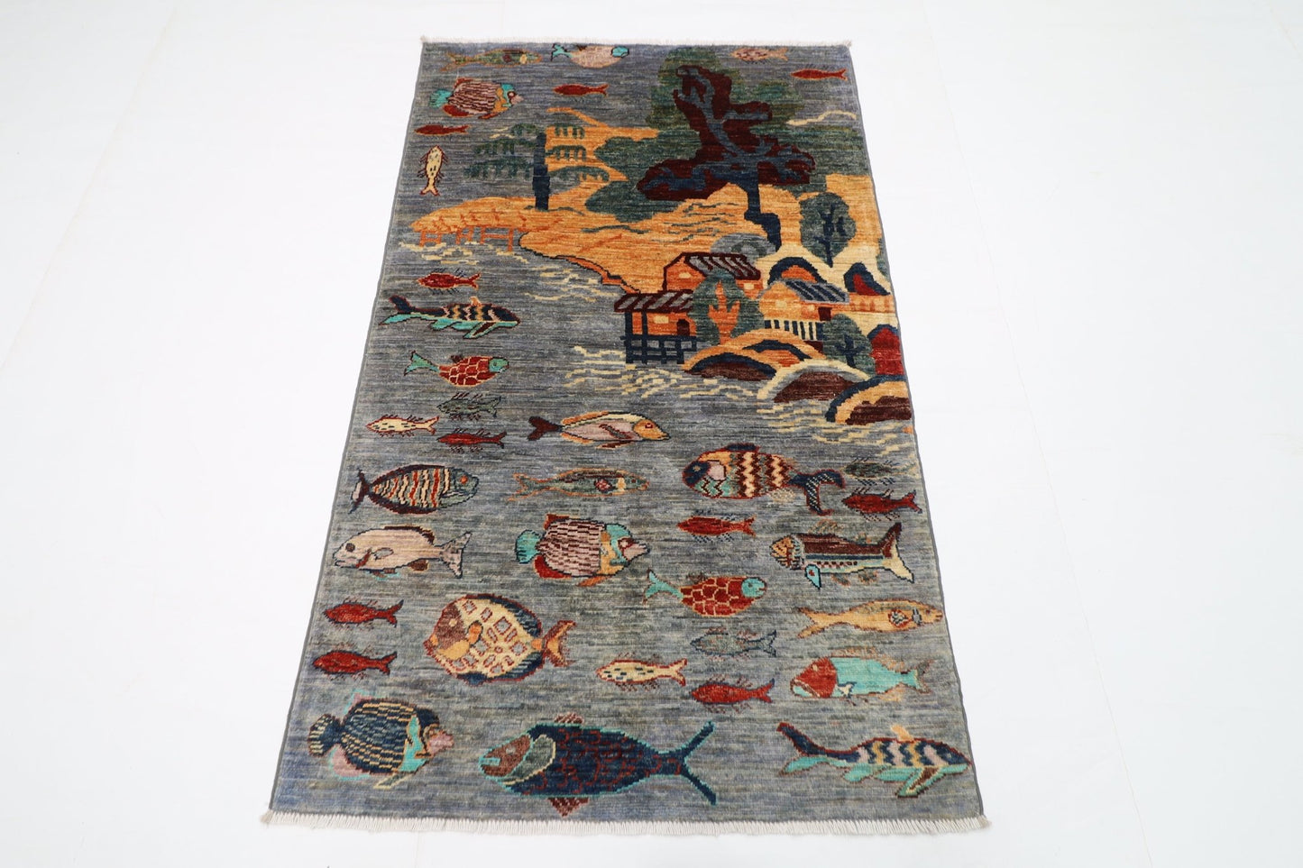 97 x 160 cm | Fish Gray Oriental Area Rug Afghan Hand Knotted Veg Dye Wool carpet - ART WOOL CARPET