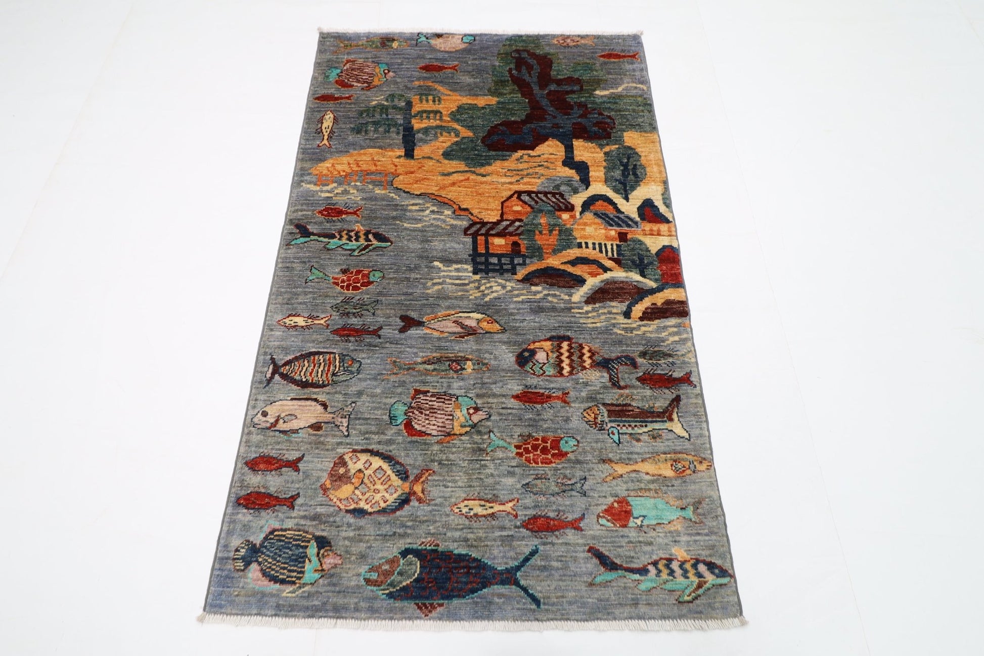97 x 160 cm | Fish Gray Oriental Area Rug Afghan Hand Knotted Veg Dye Wool carpet - ART WOOL CARPET