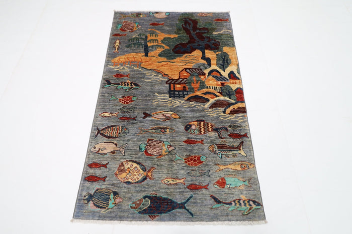97 x 160 cm | Fish Gray Oriental Area Rug Afghan Hand Knotted Veg Dye Wool carpet