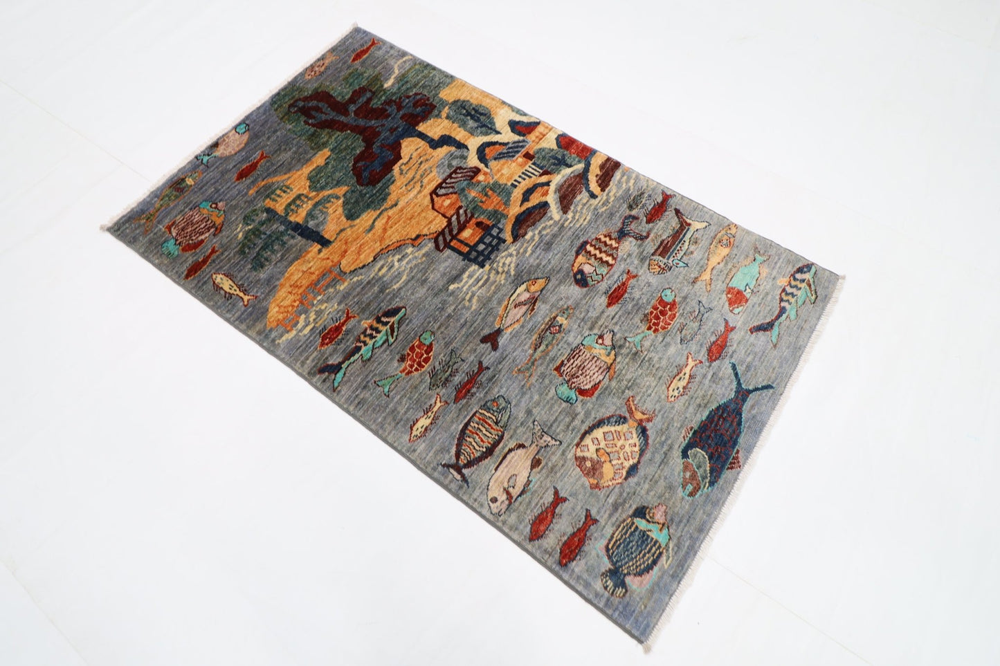 97 x 160 cm | Fish Gray Oriental Area Rug Afghan Hand Knotted Veg Dye Wool carpet - ART WOOL CARPET