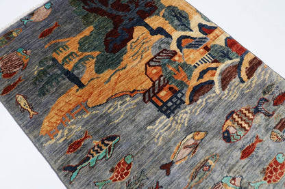 97 x 160 cm | Fish Gray Oriental Area Rug Afghan Hand Knotted Veg Dye Wool carpet - ART WOOL CARPET