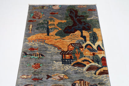 97 x 160 cm | Fish Gray Oriental Area Rug Afghan Hand Knotted Veg Dye Wool carpet - ART WOOL CARPET