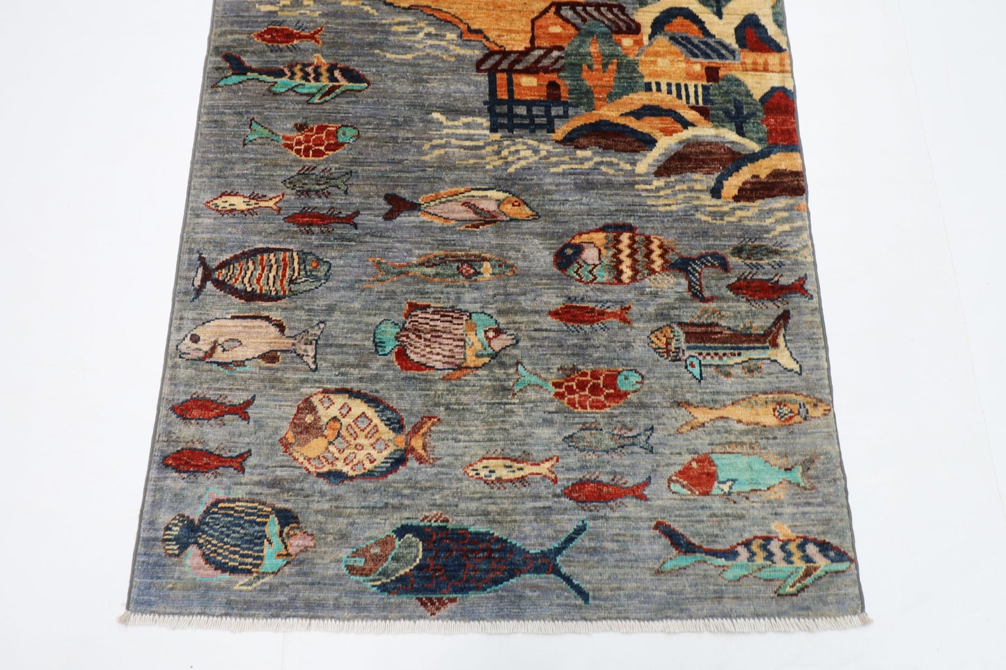 97 x 160 cm | Fish Gray Oriental Area Rug Afghan Hand Knotted Veg Dye Wool carpet - ART WOOL CARPET