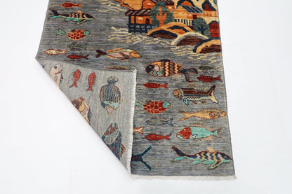 97 x 160 cm | Fish Gray Oriental Area Rug Afghan Hand Knotted Veg Dye Wool carpet - ART WOOL CARPET