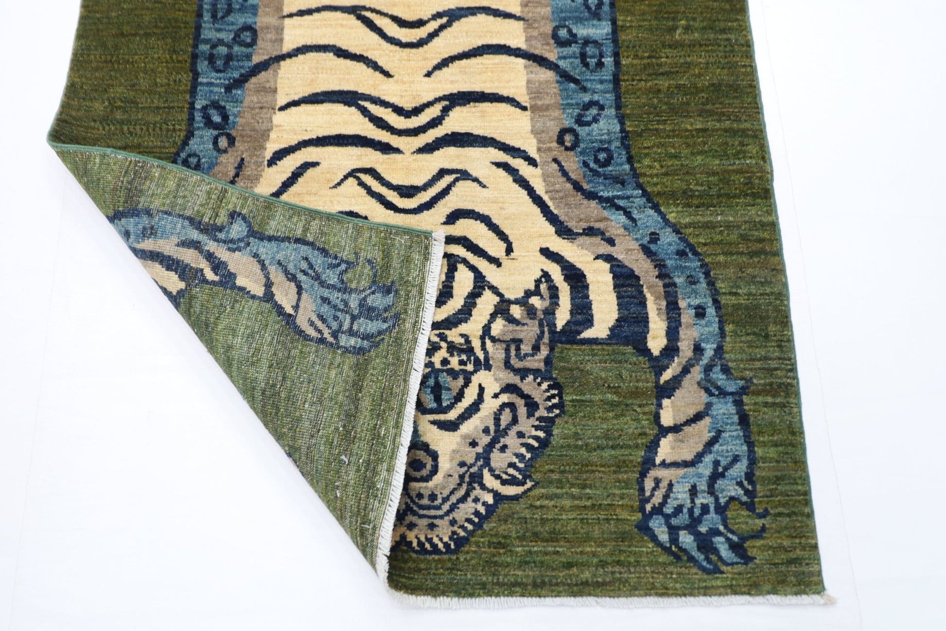 98 x 146 cm | Tiger Green Oriental Area Rug Afghan Hand Knotted Veg Dye Wool carpet - ART WOOL CARPET