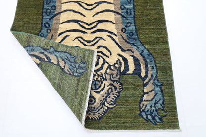 98 x 146 cm | Tiger Green Oriental Area Rug Afghan Hand Knotted Veg Dye Wool carpet - ART WOOL CARPET
