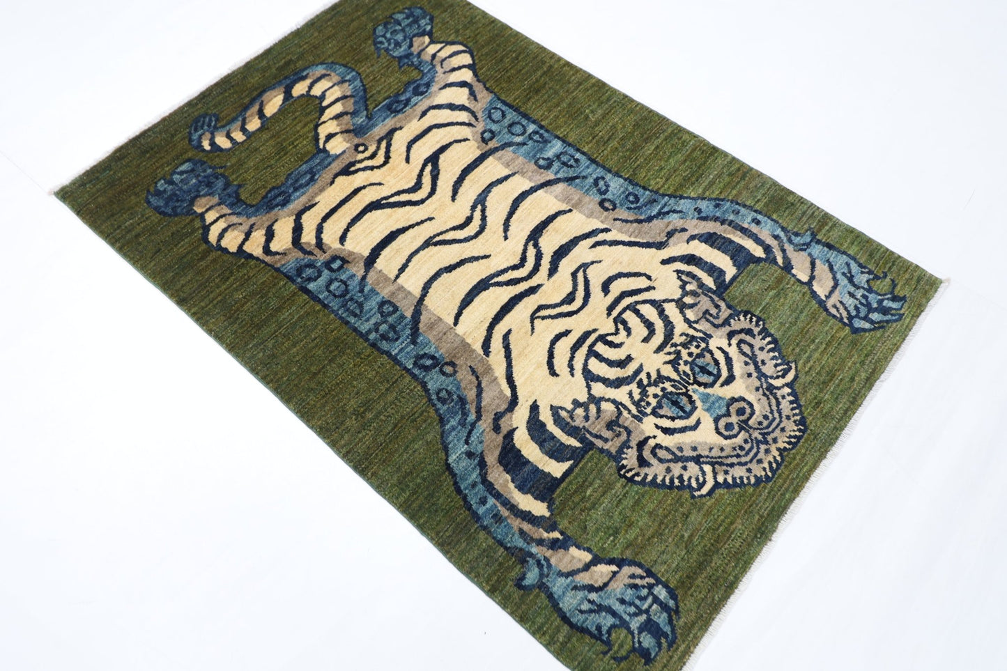 98 x 146 cm | Tiger Green Oriental Area Rug Afghan Hand Knotted Veg Dye Wool carpet - ART WOOL CARPET