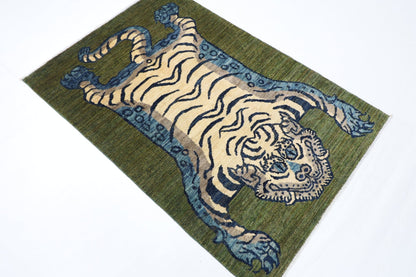 98 x 146 cm | Tiger Green Oriental Area Rug Afghan Hand Knotted Veg Dye Wool carpet - ART WOOL CARPET
