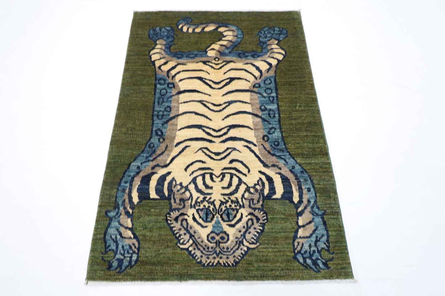 98 x 146 cm | Tiger Green Oriental Area Rug Afghan Hand Knotted Veg Dye Wool carpet - ART WOOL CARPET