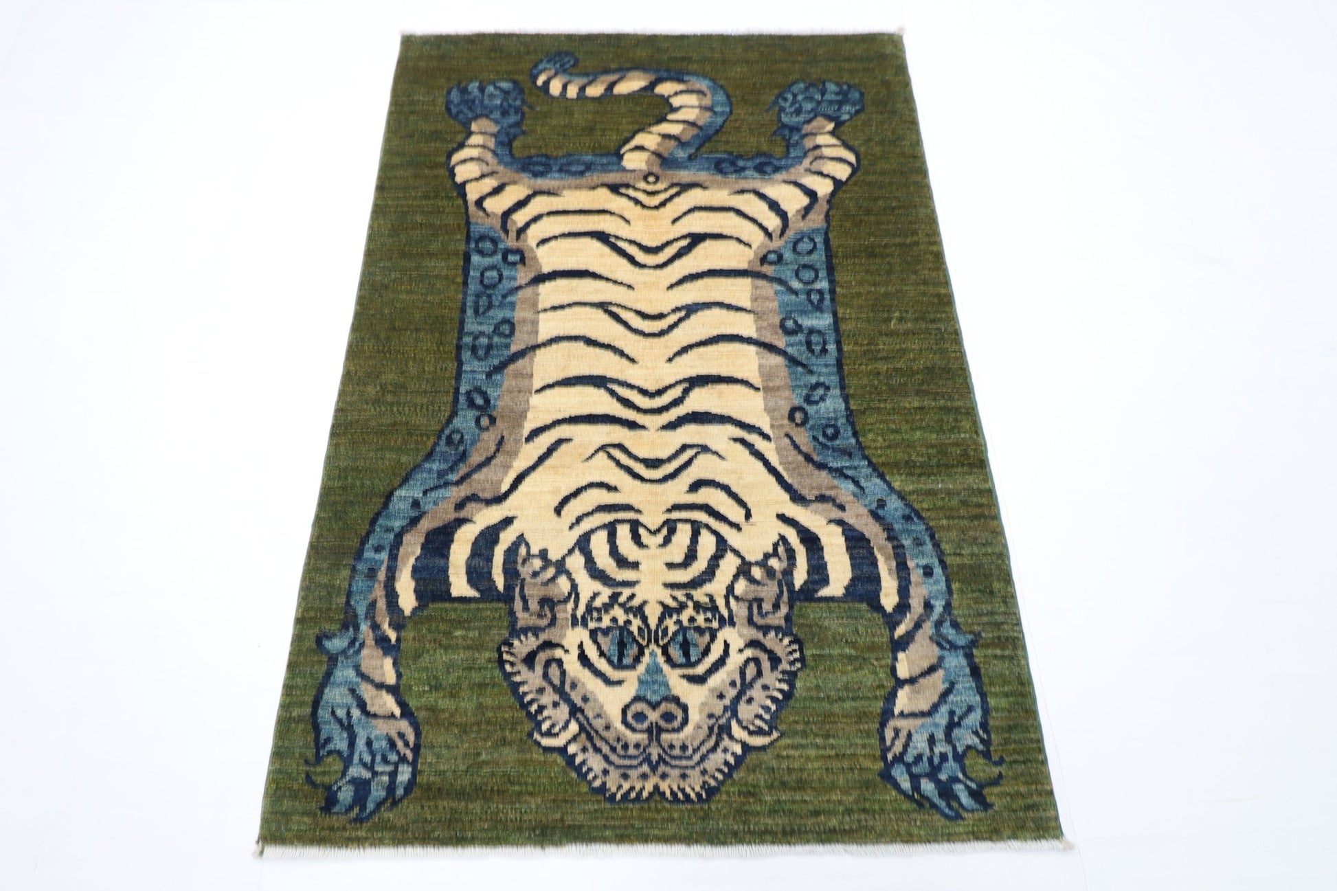 98 x 146 cm | Tiger Green Oriental Area Rug Afghan Hand Knotted Veg Dye Wool carpet - ART WOOL CARPET