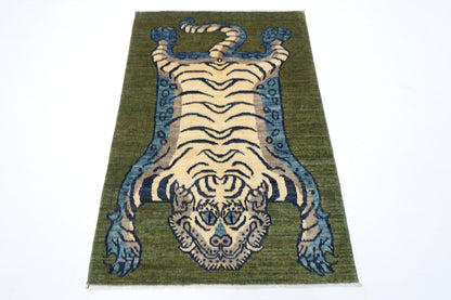 98 x 146 cm | Tiger Green Oriental Area Rug Afghan Hand Knotted Veg Dye Wool carpet - ART WOOL CARPET