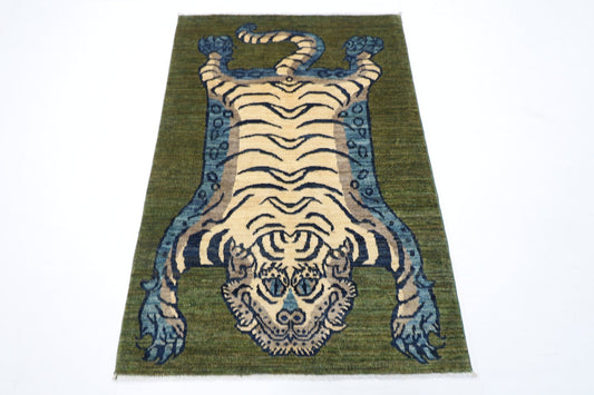 98 x 146 cm | Tiger Green Oriental Area Rug Afghan Hand Knotted Veg Dye Wool carpet - ART WOOL CARPET