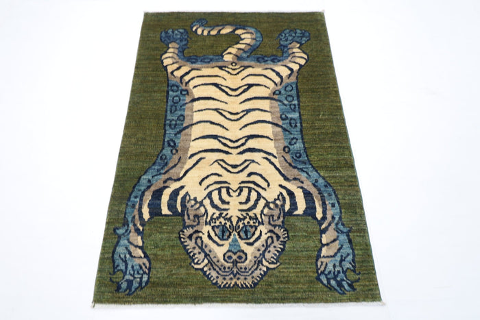 98 x 146 cm | Tiger Green Oriental Area Rug Afghan Hand Knotted Veg Dye Wool carpet