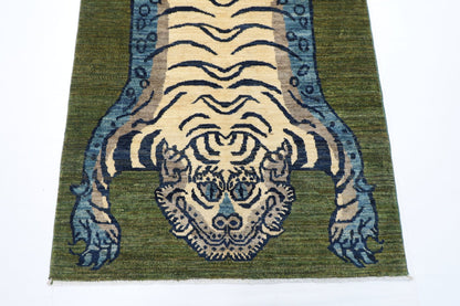 98 x 146 cm | Tiger Green Oriental Area Rug Afghan Hand Knotted Veg Dye Wool carpet - ART WOOL CARPET