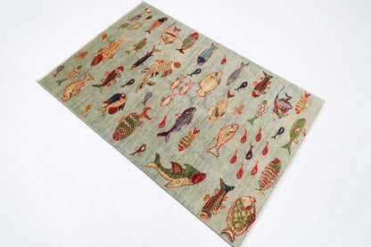 98 x 149 cm | Oriental Fish Area Rug Afghan Hand Knotted Veg Dye Wool carpet - ART WOOL CARPET