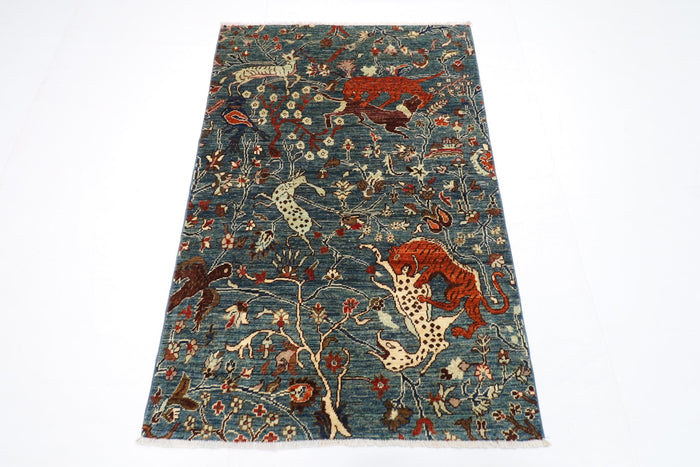 99 x 148 cm | Hunting Blue Oriental Area Rug Afghan Hand Knotted Veg Dye Wool carpet