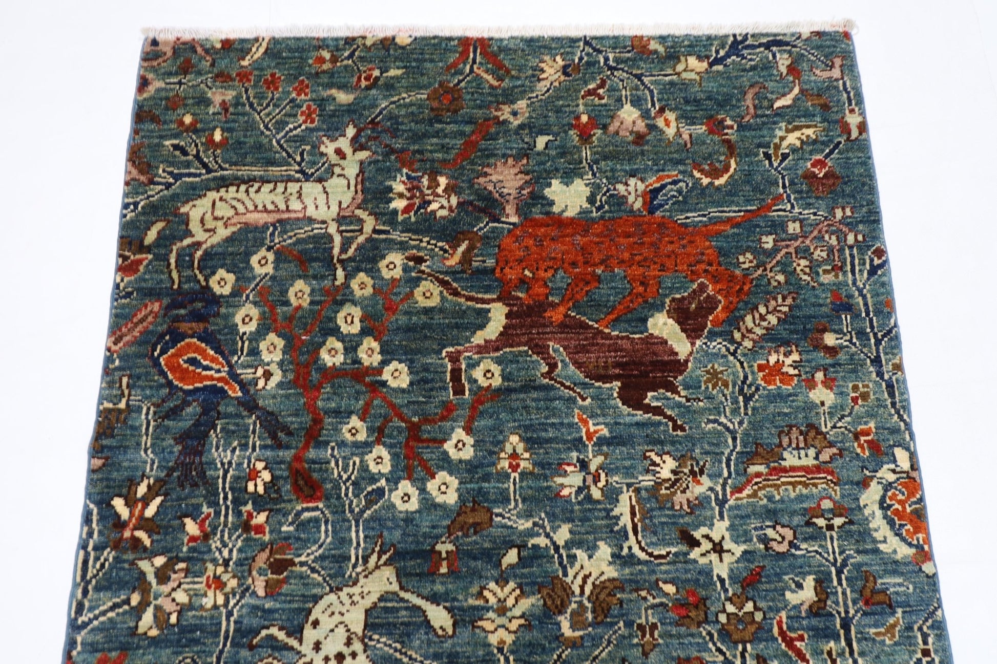 99 x 148 cm | Hunting Blue Oriental Area Rug Afghan Hand Knotted Veg Dye Wool carpet - ART WOOL CARPET