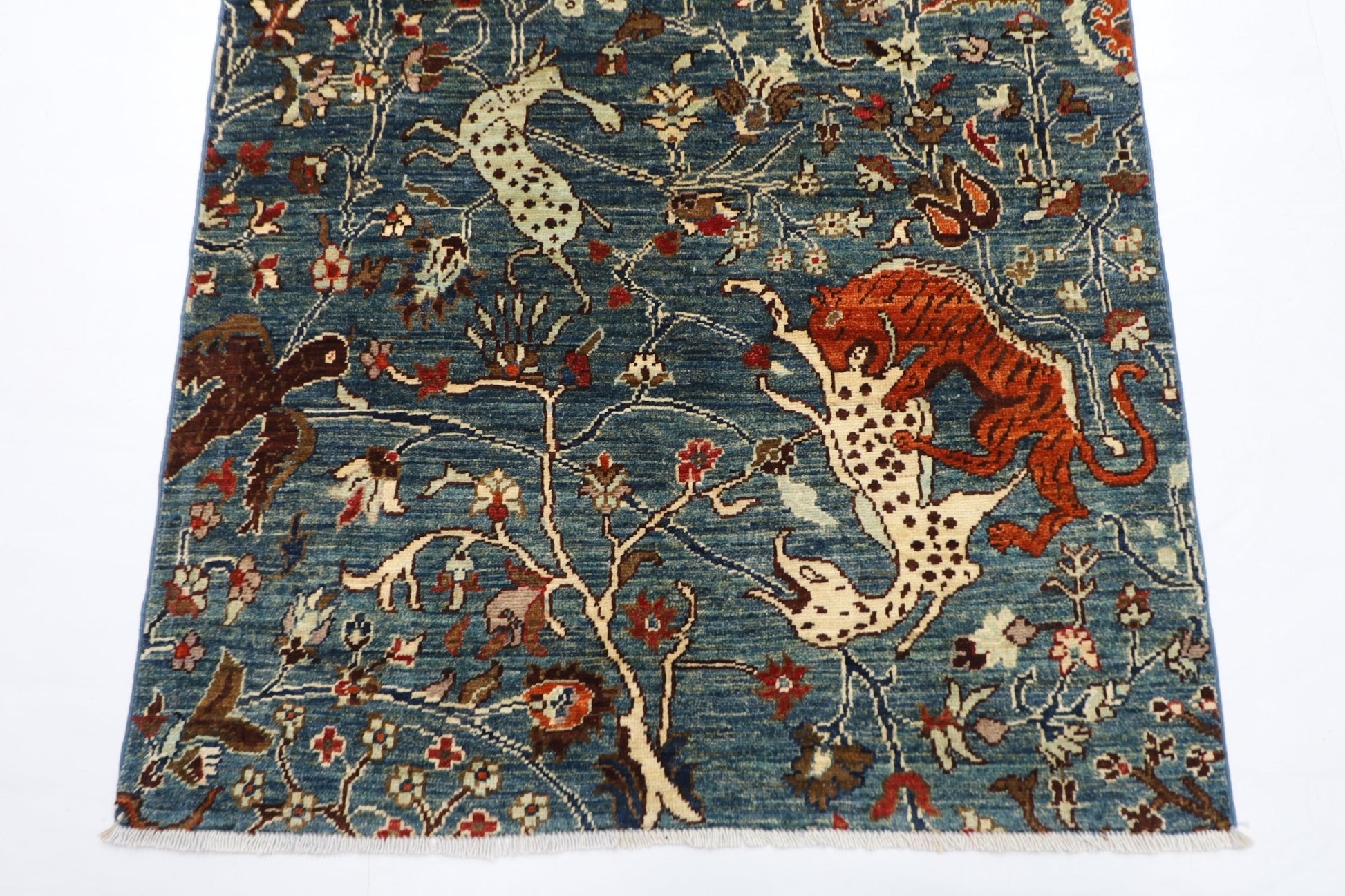 99 x 148 cm | Hunting Blue Oriental Area Rug Afghan Hand Knotted Veg Dye Wool carpet - ART WOOL CARPET