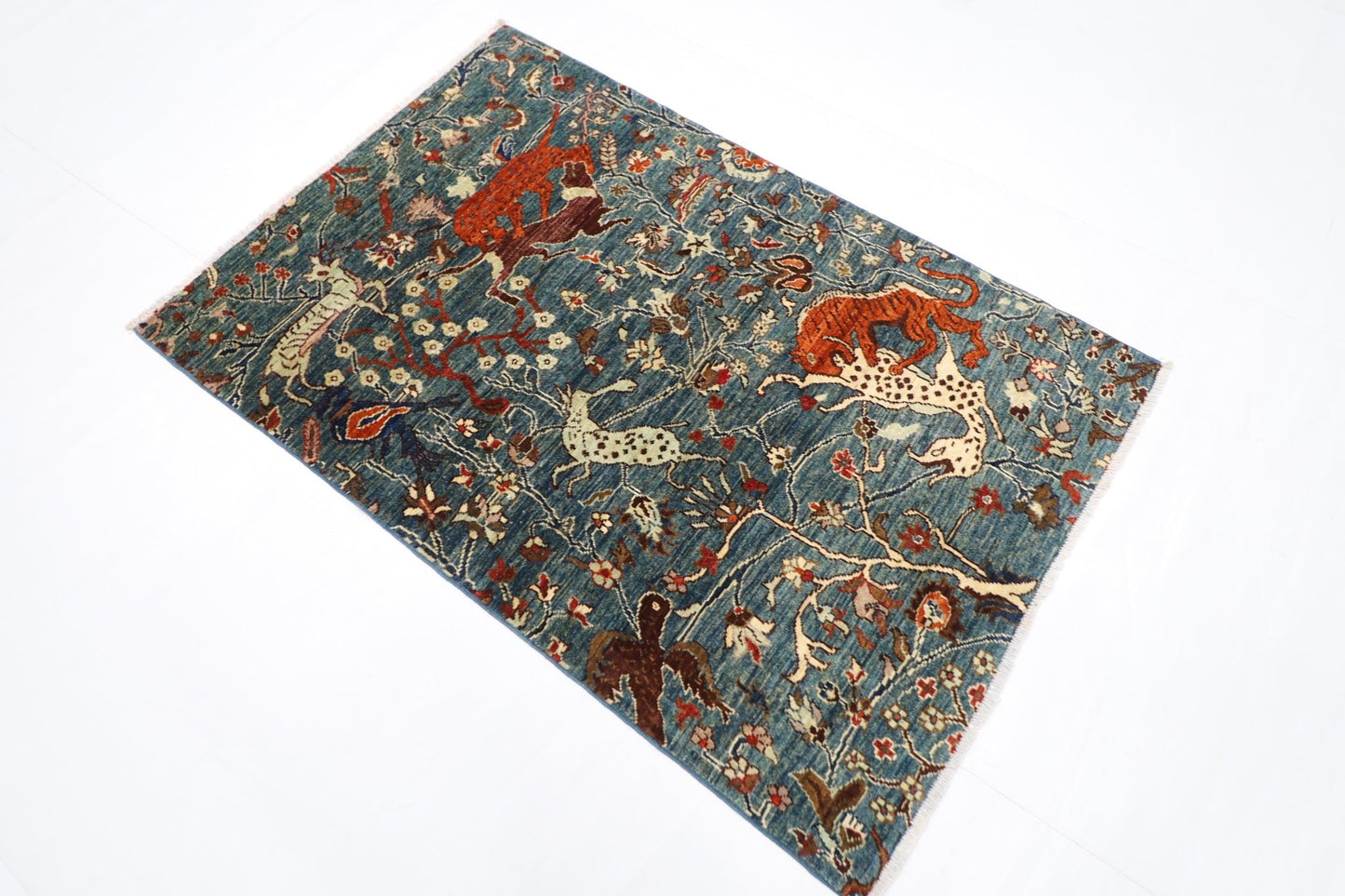 99 x 148 cm | Hunting Blue Oriental Area Rug Afghan Hand Knotted Veg Dye Wool carpet - ART WOOL CARPET