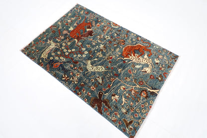 99 x 148 cm | Hunting Blue Oriental Area Rug Afghan Hand Knotted Veg Dye Wool carpet - ART WOOL CARPET